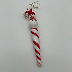Vintage, handmade, glass snowman, candy, cane, Christmas ornament